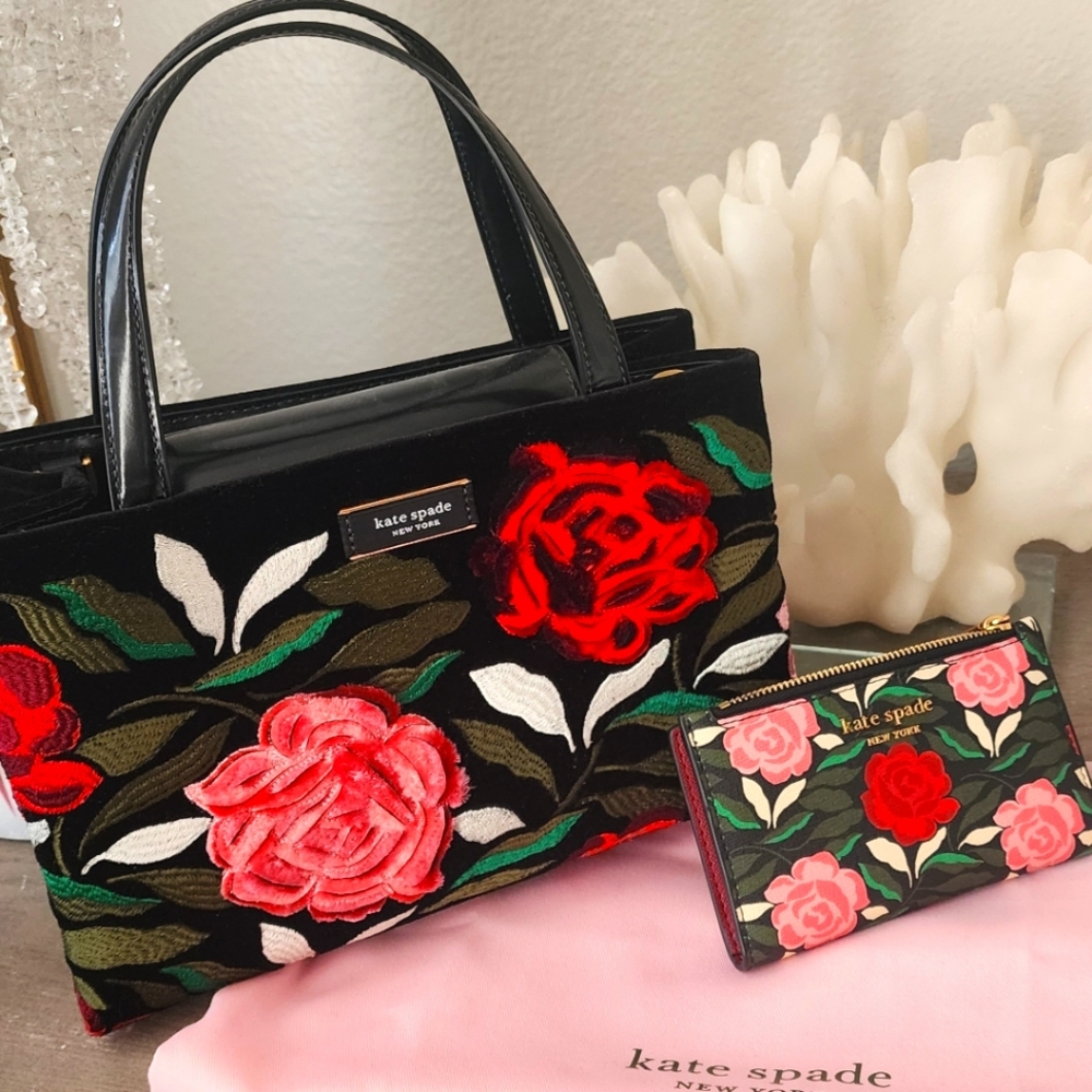 New Kate Spade Black VELVET Leather Tote and Wallet with Red Floral Design